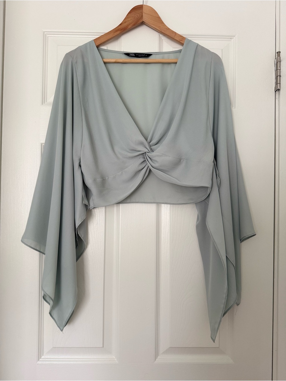 Zara Sage Green Twist-Front Draped Crop Blouse